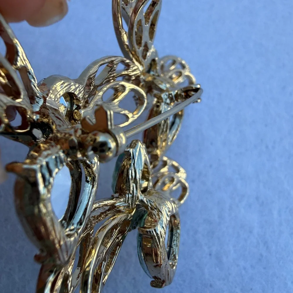 Large Triple Dragonfly Brooch Gold Tone Multicolor Rhinestone Statement Pin